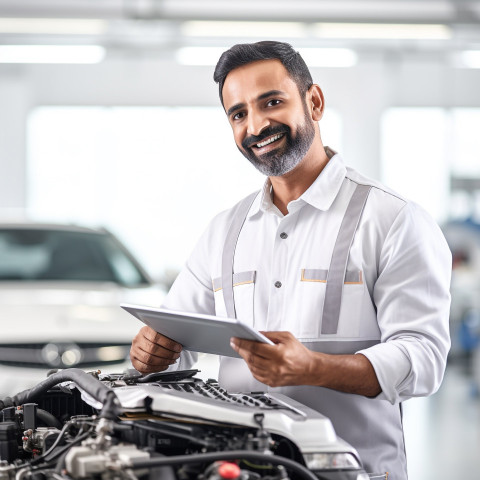 Friendly smiling handsome indian man automotive training instructor at work on white background