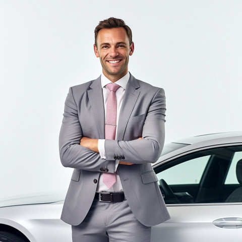 Friendly smiling handsome man automotive sales representative at work on white background