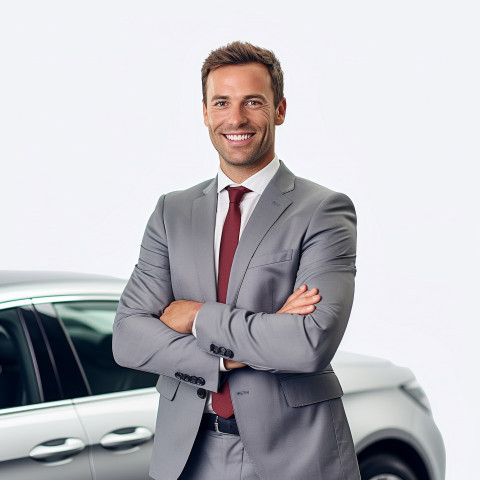 Friendly smiling handsome man automotive sales representative at work on white background