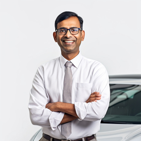 Friendly smiling handsome indian man automotive customer relations specialist at work on white background