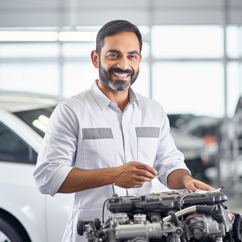 Friendly smiling handsome indian man automotive training instructor at work on white background