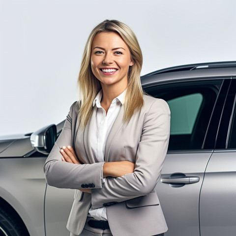 Friendly smiling beautiful woman automotive sales representative at work on white background