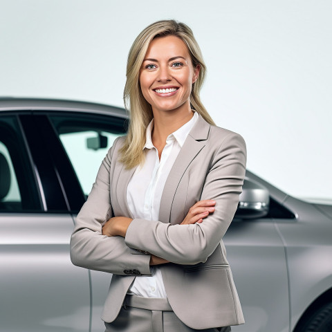 Friendly smiling beautiful woman automotive sales representative at work on white background