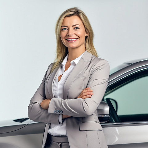 Friendly smiling beautiful woman automotive sales representative at work on white background