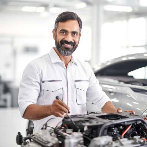 Friendly smiling handsome indian man automotive training instructor at work on white background