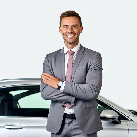 Friendly smiling handsome man automotive sales representative at work on white background