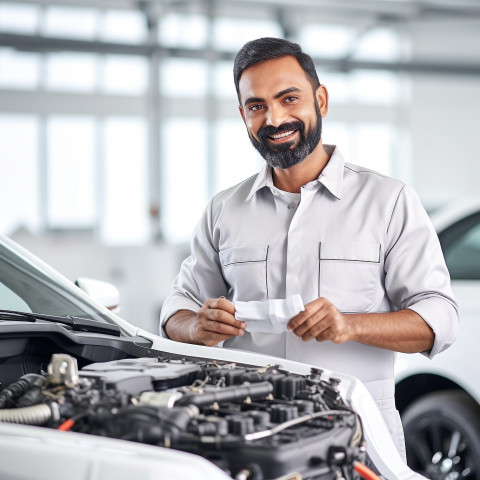 Friendly smiling handsome indian man automotive training instructor at work on white background