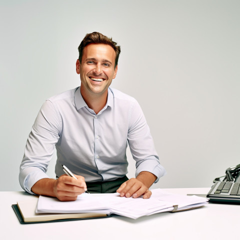 Friendly smiling handsome man automotive accountant at work on white background