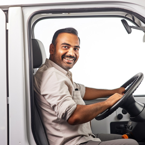 Friendly smiling handsome indian man automotive driver at work on white background