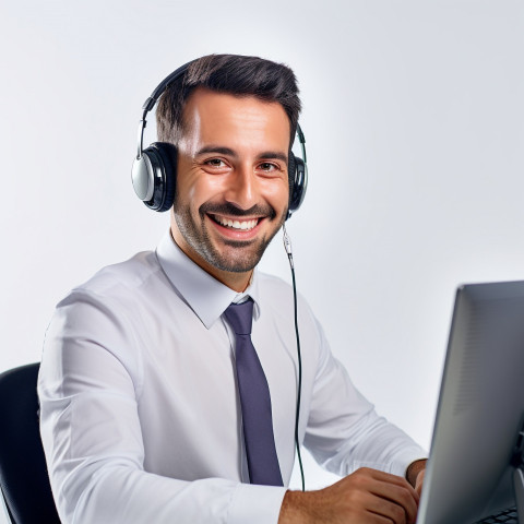 Friendly smiling handsome man automotive customer service representatives at work on white background