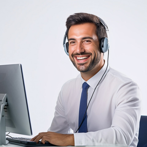 Friendly smiling handsome man automotive customer service representatives at work on white background