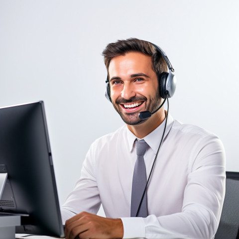 Friendly smiling handsome man automotive customer service representatives at work on white background