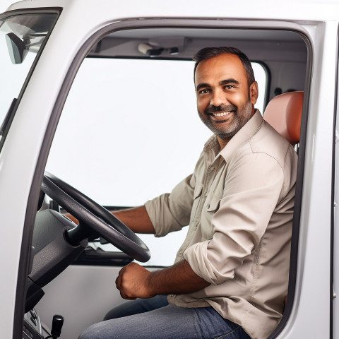 Friendly smiling handsome indian man automotive driver at work on white background