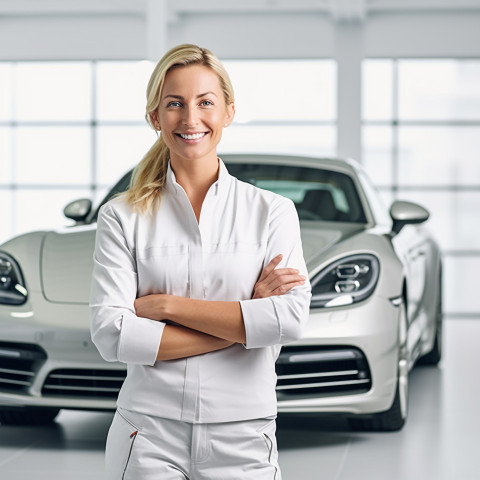 Friendly smiling beautiful woman automotive training instructor at work on blured background