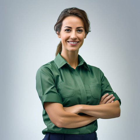 Friendly smiling beautiful woman automotive service manager at work on white background