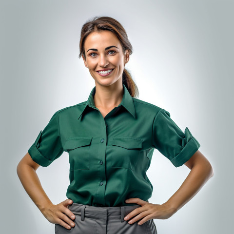 Friendly smiling beautiful woman automotive service manager at work on white background