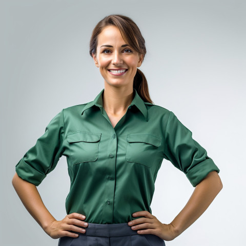 Friendly smiling beautiful woman automotive service manager at work on white background