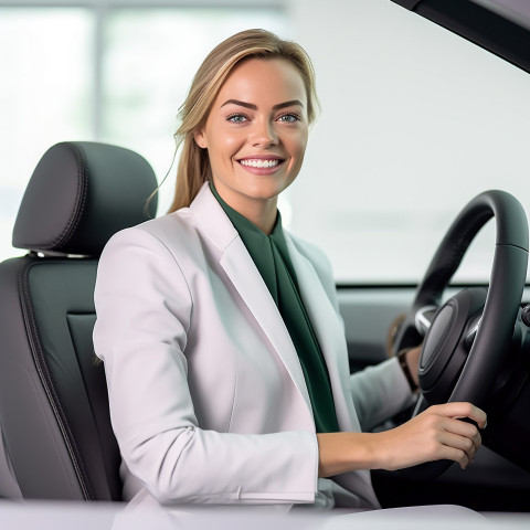 Friendly smiling beautiful woman automotive legal counsel at work on white background