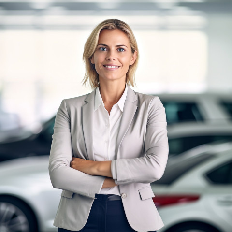 Friendly smiling beautiful woman automotive general manager at work on blured background