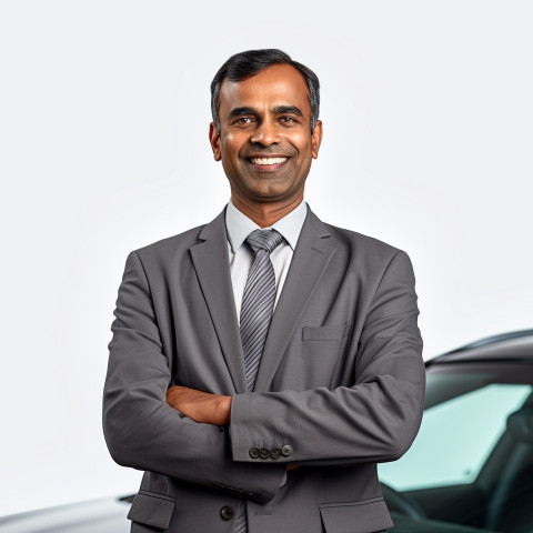 Friendly smiling handsome indian man automotive sales manager at work on white background