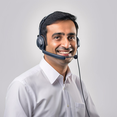 Friendly smiling handsome indian man automotive customer service representatives at work on white background