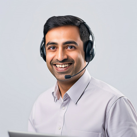 Friendly smiling handsome indian man automotive customer service representatives at work on white background