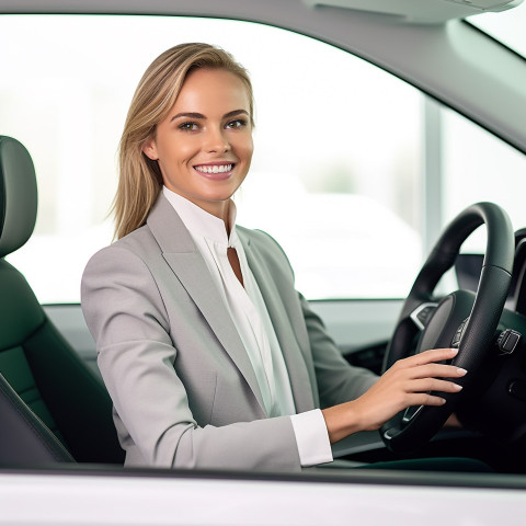 Friendly smiling beautiful woman automotive legal counsel at work on white background