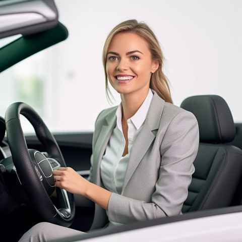 Friendly smiling beautiful woman automotive legal counsel at work on white background