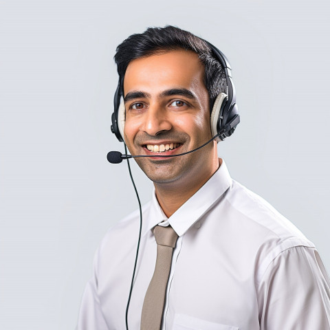 Friendly smiling handsome indian man automotive customer service representatives at work on white background