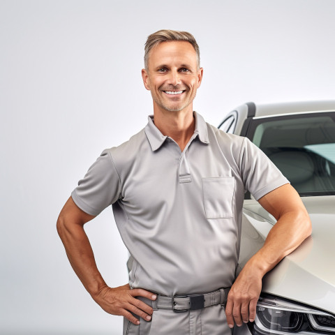 Friendly smiling handsome man automotive service manager at work on white background