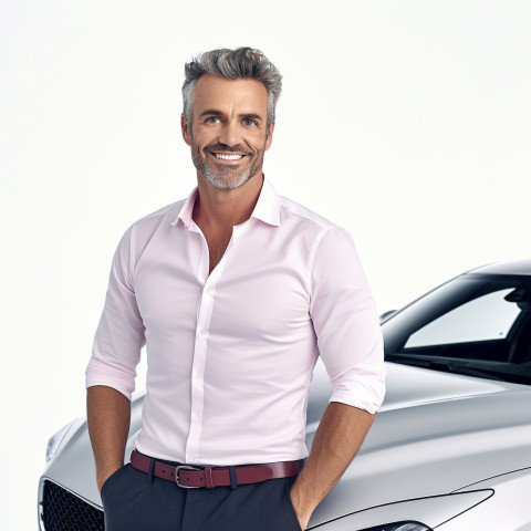 Friendly smiling handsome man automotive marketing and advertising specialist at work on white background