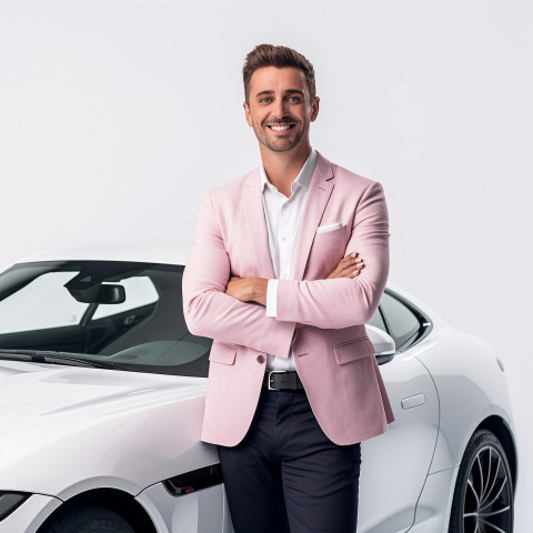 Friendly smiling handsome man automotive marketing manager at work on white background