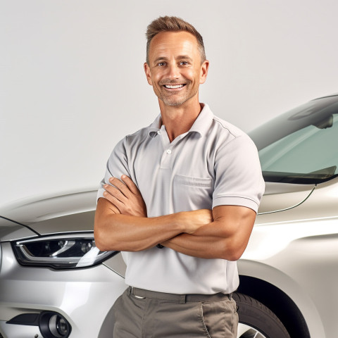 Friendly smiling handsome man automotive service manager at work on white background