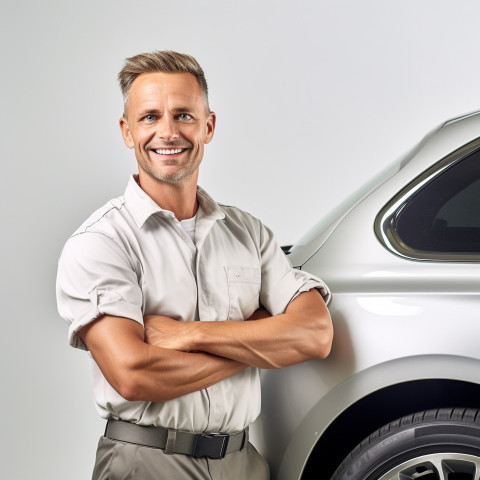 Friendly smiling handsome man automotive service manager at work on white background