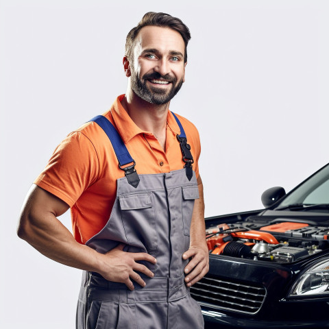 Friendly smiling handsome man automotive service technician at work on white background