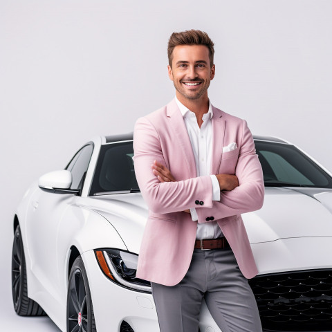 Friendly smiling handsome man automotive marketing manager at work on white background