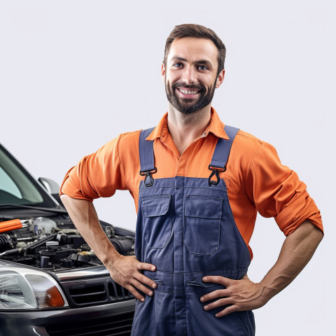 Friendly smiling handsome man automotive service technician at work on white background