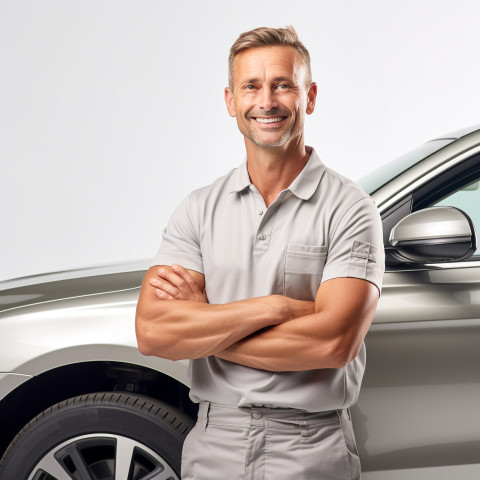 Friendly smiling handsome man automotive service manager at work on white background