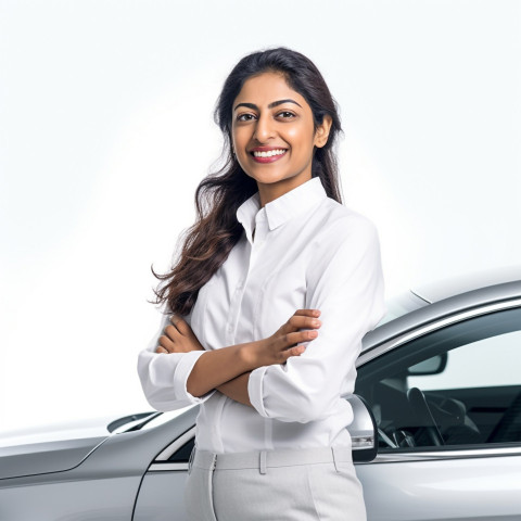 Friendly smiling beautiful indian woman automotive customer relations specialist at work on white background