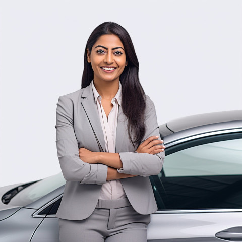 Friendly smiling beautiful indian woman automotive customer relations specialist at work on white background