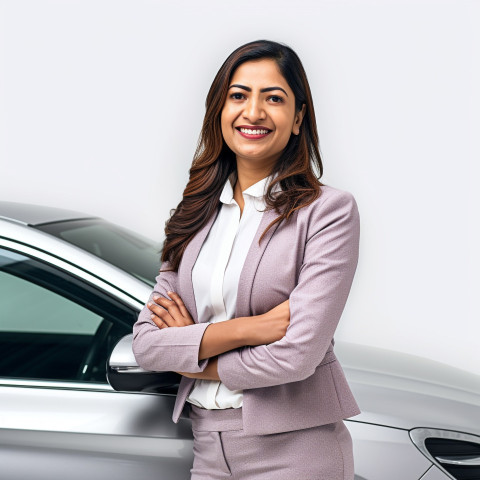 Friendly smiling beautiful indian woman automotive customer relations specialist at work on white background