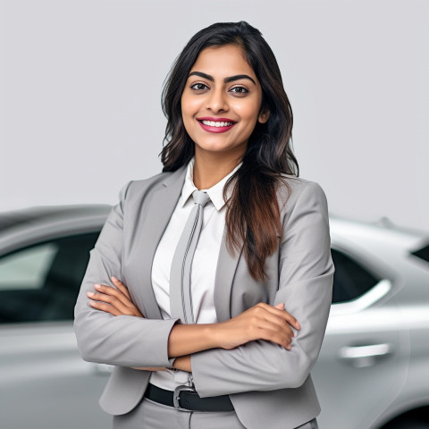 Friendly smiling beautiful indian woman automotive customer relations specialist at work on white background