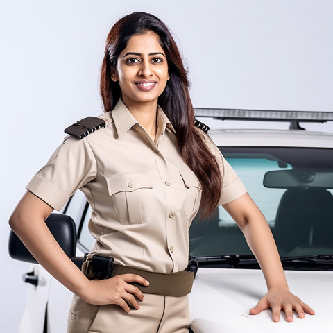 Friendly smiling beautiful indian woman automotive security personnel at work on white background