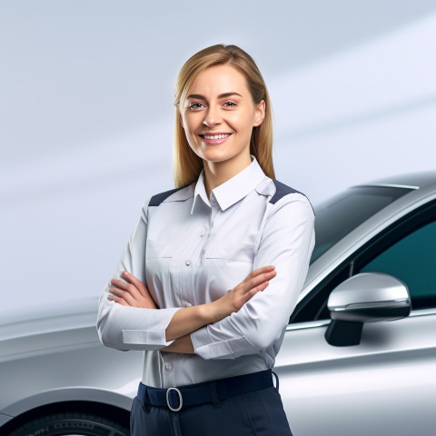 Friendly smiling beautiful woman automotive safety compliance specialist at work on white background