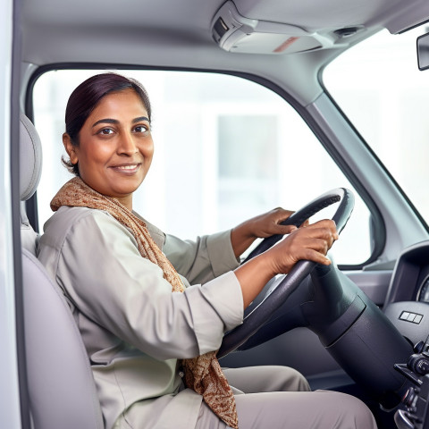 Friendly smiling beautiful indian woman automotive driver at work on white background