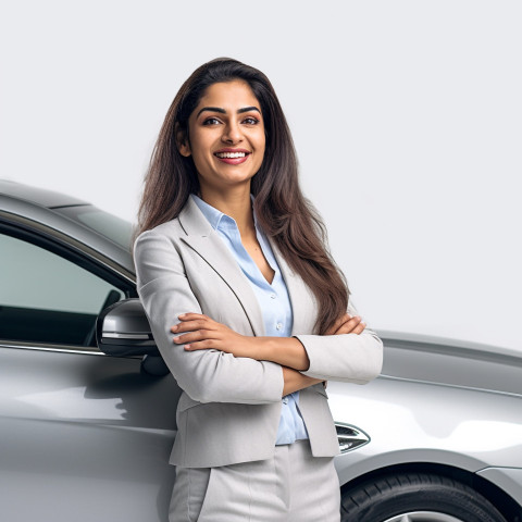 Friendly smiling beautiful indian woman automotive marketing and advertising specialist at work on white background