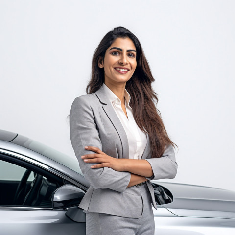 Friendly smiling beautiful indian woman automotive marketing and advertising specialist at work on white background