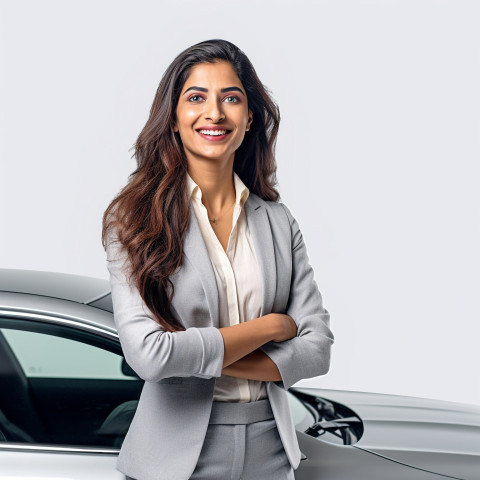 Friendly smiling beautiful indian woman automotive marketing and advertising specialist at work on white background