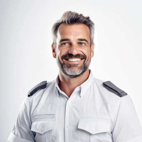 Friendly smiling handsome man automotive compliance and safety officer at work on white background