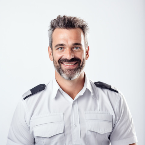 Friendly smiling handsome man automotive compliance and safety officer at work on white background